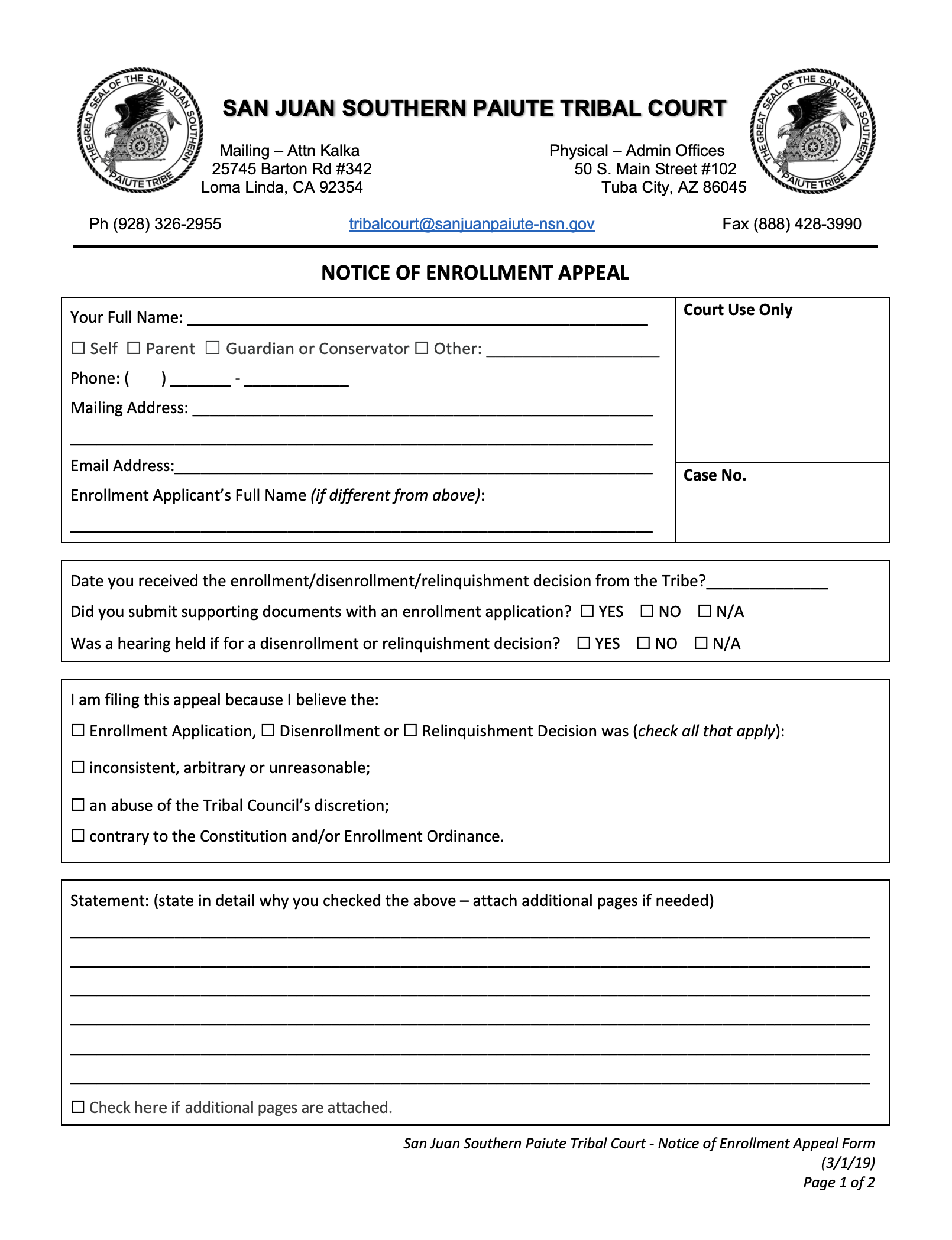 This form is used to start an appeal in the Tribal Court for denials of